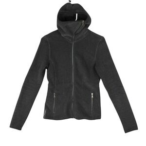 PRADA Ninja Hooded Fleece Jacket Womens Medium Black Polyester Asymmetric Zip